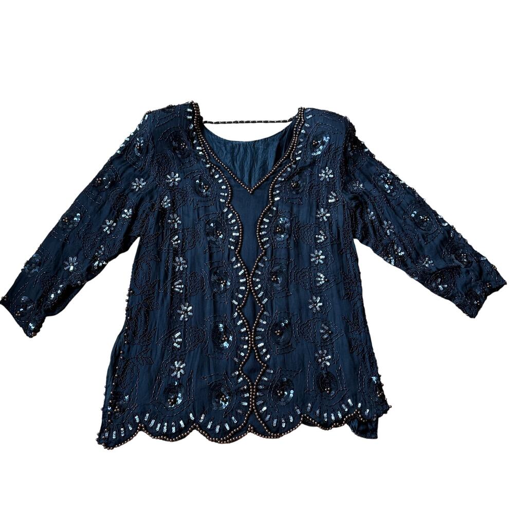 Vintage JLB Silk Black Beaded Sequin Tunic Top Size L (approx) 80's 90's Holiday - Picture 7 of 15